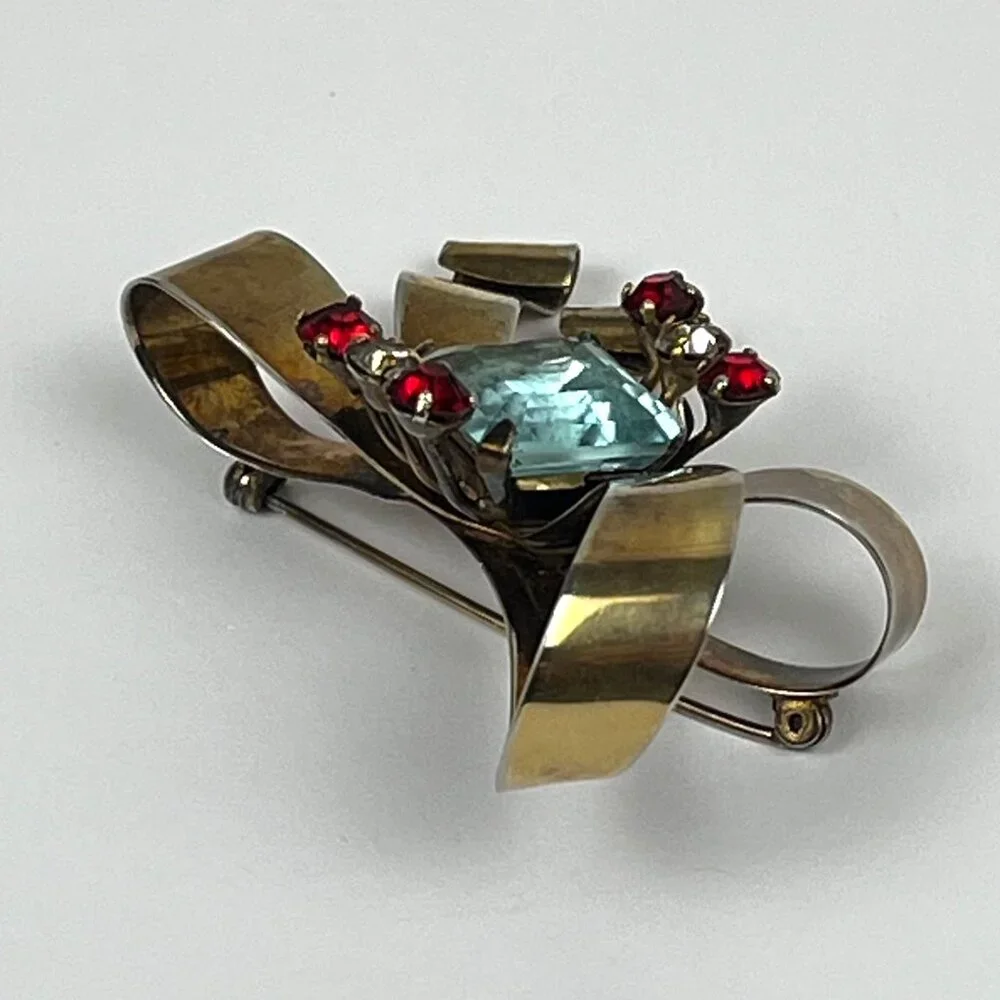 Vintage 1940s Gold Over Sterling Aqua Blue Stone Ribbon Bow Brooch
